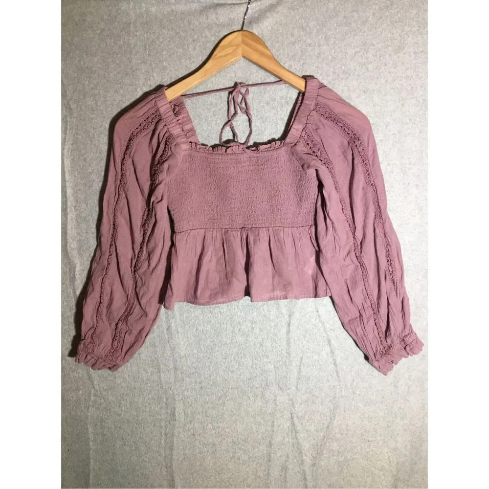 Womens American Eagle Blouse Purple Peplum Bubble sleeves Casual Feminine Boho